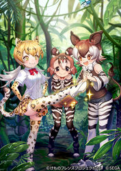  +_+ 3girls :3 :d animal_ears animal_print baird&#039;s_tapir_(kemono_friends) bare_shoulders blonde_hair blush boots bow bowtie brown_eyes brown_hair brown_shorts brown_vest center_frills choker clenched_hands collared_shirt commentary_request denim denim_shorts detached_sleeves elbow_gloves extra_ears frills giraffe_print gloves highres kemono_friends kemono_friends_3 kemono_friends_3:_planet_tours leopard_(ex)_(kemono_friends) leopard_(kemono_friends) leopard_ears leopard_girl leopard_print leopard_tail lucky_beast_(kemono_friends) mucchiri_shiitake multicolored_hair multiple_girls official_art okapi_(kemono_friends) okapi_ears okapi_tail open_mouth outdoors own_hands_clasped own_hands_together pantyhose pleated_skirt print_gloves print_pantyhose print_skirt print_thighhighs red_bow red_bowtie shirt short_hair short_shorts short_sleeves shorts skirt sleeveless smile smug standing standing_on_one_leg striped striped_sleeves tail tapir_ears tapir_girl tapir_tail thighhighs twintails v-shaped_eyebrows vest white_bow white_bowtie white_hair white_shirt yellow_eyes zettai_ryouiki 