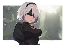  2b_(nier:automata) absurdres back_cutout black_blindfold black_dress black_hairband blindfold blurry blurry_background border cleavage_cutout clothing_cutout covered_eyes dress female forest hairband highres juliet_sleeves long_sleeves mole mole_under_mouth nature nier:automata nier_(series) open_mouth photoshop_(medium) puffy_sleeves solo water waterfall white_border white_hair xtears_kitsune 