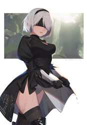  2b_(nier:automata) absurdres black_blindfold black_dress black_hairband blindfold boots breasts cleavage_cutout clothing_cutout covered_eyes cowboy_shot dress feather-trimmed_sleeves female forest hairband highleg highleg_leotard highres juliet_sleeves leotard long_sleeves medium_breasts mole mole_under_mouth nature nier:automata nier_(series) open_mouth parted_bangs photoshop_(medium) puffy_sleeves solo thigh_boots thighhighs thighhighs_under_boots thighs two-sided_fabric two-sided_skirt vambraces water waterfall wet white_background white_hair white_leotard xtears_kitsune 