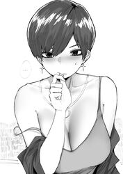  bare_shoulders biting biting_own_finger blush breasts cleavage collarbone commentary earrings english_commentary female greyscale hair_between_eyes highres jewelry large_breasts looking_at_viewer monochrome necklace norman_maggot off_shoulder olive_laurentia original pixie_cut short_hair solo strap_slip sweat tank_top upper_body 