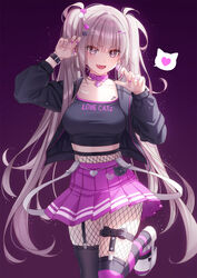  :d asymmetrical_legwear bad_id bad_pixiv_id black_jacket black_legwear black_shirt breasts choker clothes_writing collarbone crop_top female fishnets garter_straps gradient_background hair_ornament hairclip hands_up heart highres jacket jewelry leg_up long_hair looking_at_viewer medium_breasts midriff miniskirt mismatched_legwear nail_polish oerba_yun_fang open_clothes open_jacket open_mouth original photoshop_(medium) pink_eyes pink_skirt pleated_skirt purple_background ring sandals shirt skindentation skirt smile solo spoken_heart suspender_skirt suspenders thighhighs twintails unjem v-shaped_eyebrows very_long_hair white_hair 