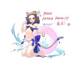  :3 absurdres animal_ear_fluff animal_ears back_bow barefoot bikini black_bikini blue_bow blue_eyes blue_hair blue_nails bow brown_hair cat_ears cat_girl cat_tail chinese_commentary collar commentary_request ear_piercing female full_body gradient_hair hair_pulled_back half_updo highres holding holding_leash kneeling leash liwendala medium_hair milestone_celebration multicolored_hair nail_polish navel oerba_yun_fang open_mouth original piercing pink_innertube red_collar sarong solo star-shaped_pupils star_(symbol) swimsuit symbol-shaped_pupils tail toenail_polish toenails toes white_sarong 