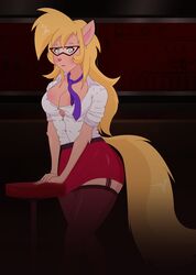  anthro bar_stool blonde_hair blush breasts callie_briggs close_to_bursting clothed clothing domestic_cat eyewear felid feline felis female furniture garter_belt garter_straps glasses green_eyes hair hanna-barbera hi_res mammal naitokitsune solo stool swat_kats 