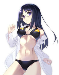  alice_gear_aegis bad_id bad_twitter_id black-framed_eyewear black_bra black_hair black_panties bra breasts closed_mouth commentary cowboy_shot dress_shirt female frilled_bra frills frown glasses kuro_work light_blush long_hair long_sleeves looking_at_viewer medium_breasts momoshina_fumika navel no_pants off_shoulder open_clothes open_shirt panties purple_eyes shirt simple_background skindentation solo standing underwear undressing white_background wing_collar 