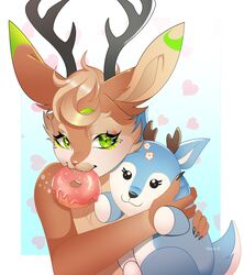  2020 anthro antlers artist_name blonde_hair border conditional_dnp countershade_face countershade_fur countershade_torso countershading deer dessert digital_media_(artwork) doughnut doughnut_in_mouth eyelashes female food food_in_mouth fur green_eyes hair half-length_portrait heart_symbol hi_res holding_object holding_plushie horn looking_at_viewer mammal pastry pink_nose plushie portrait shaded simple_background solo tan_body tan_fur twiggy_(wolfbane154) white_border wolfbane154 