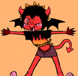  bat_wings black_hair black_wings blush bottomwear chibi clothed clothing crop_top demon denim denim_clothing diavlo dreamscreep eyelashes fangs female footwear front_view fully_clothed hair head_wings hi_res highlights_(coloring) horn humanoid humanoid_hands looking_at_viewer membrane_(anatomy) membranous_wings miniskirt monster moshi_monsters moshling noseless one_eye_closed orange_background orange_hair orange_highlights pink_tongue red_body red_eyes red_horn red_skin shirt shoes short_hair simple_background skinny skirt slim smile solo spade_tail spiky_hair t-shirt tongue topwear wings wink winking_at_viewer young 