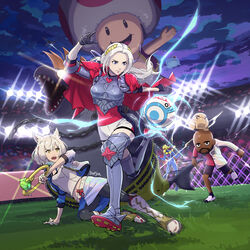  1boy 3girls adapted_costume alternate_costume alternate_hairstyle animal_ears armor ass ball black_legwear blonde_hair bodysuit breasts cape cat_ears character_request chest_jewel cohozuna_(splatoon) collarbone crossover crown dark-skinned_male dark_skin doseisan edelgard_von_hresvelg fire_emblem fire_emblem:_three_houses fire_emblem_warriors:_three_hopes gloves hair_ornament hair_ribbon highres jacket kaze_no_klonoa kirby kirby_(series) kirby_and_the_forgotten_land live_a_live long_hair mario_(series) mario_strikers mario_strikers:_battle_league matt_(wii) metroid metroid_dread mii_(nintendo) mio_(xenoblade) mother_(game) mouthful_mode multiple_girls nintendo_switch_sports official_alternate_costume official_alternate_hairstyle open_mouth ponytail portal_(series) purple_eyes red_cape red_toad_(mario) ribbon salmon_run_(splatoon) samus_aran short_hair shorts skirt small_breasts soccer_ball splatoon_(series) splatoon_3 stup-jam tank_top toad_(mario) weapon white_hair white_jacket white_skirt white_tank_top xenoblade_chronicles_(series) xenoblade_chronicles_3 yellow_eyes zero_suit 