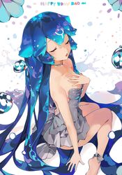  absurdly_long_hair absurdres bao_(vtuber) bao_(vtuber)_(1st_costume) blue_hair breasts bubble character_name cleavage closed_eyes dress female grey_dress hair_between_eyes hand_on_ground hand_on_own_chest happy_birthday highres indie_virtual_youtuber liquid_hair long_hair monosucre open_mouth sitting small_breasts solo very_long_hair virtual_youtuber 