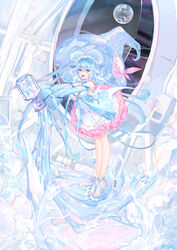  :d artist_name atdan bangs bare_legs bare_shoulders blue_footwear blue_headwear blue_ribbon blush breasts cleavage detached_sleeves dress female frilled_dress frills full_body hair_between_eyes haiyi hat high_heels highres leaning_forward long_sleeves looking_at_viewer machinery maid_headdress medium_breasts medium_hair oerba_yun_fang open_mouth outstretched_arms ribbon sleeves_past_wrists smile soap_bubbles solo standing vocaloid water white_dress witch_hat 