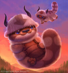  2023 6_legs ambiguous_gender appa_(avatar) avatar:_the_last_airbender blue_eyes bovid bovine brown_body brown_fur brown_hair digital_media_(artwork) digital_painting_(artwork) duo feral flying forest fur hair horn mammal nickelodeon outside pawpads piper_thibodeau plant size_difference sky sky_bison smile sunset tan_body tan_fur tan_hair tree young 