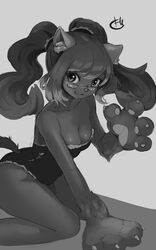  2021 5:8 anthro breasts clothing cute_fangs domestic_cat eyewear felid feline felis female glasses hair hawtmoon hi_res inner_ear_fluff leotard long_hair looking_at_viewer mammal monochrome pawpads smile solo tharkis tuft twintails 