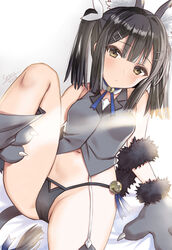  animal_ear_fluff animal_ears animal_hands bad_id bad_pixiv_id bare_shoulders bell black_hair black_panties blue_ribbon blush breasts brown_eyes cat_ears cat_tail closed_mouth detached_collar fate/kaleid_liner_prisma_illya fate_(series) feather_hair_ornament feathers female fur_trim garter_straps gloves grey_thighhighs grey_vest hair_ornament hairclip highres jingle_bell knee_up long_hair looking_at_viewer miyu_edelfelt miyu_edelfelt_(beast_style) navel neck_ribbon panties paw_gloves ribbon seiru_(prairie) sidelocks small_breasts solo tail thighhighs thighs twintails underwear vest 