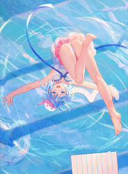  atdan bare_arms bare_legs barefoot blue_dress blue_hair dress feet female haiyi highres invert looking_at_viewer panties short_hair skirt sleeveless sleeveless_dress strapless strapless_dress synthesizer_v underwear 