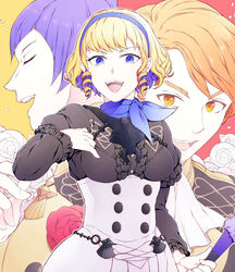  2boys bad_id bad_twitter_id bandana blonde_hair blue_eyes breasts closed_eyes colored_inner_hair commentary_request constance_von_nuvelle drill_hair female ferdinand_von_aegir fire_emblem fire_emblem:_three_houses flower garreg_mach_monastery_uniform hairband high-waist_skirt holding long_hair lorenz_hellman_gloucester medium_breasts multicolored_hair multiple_boys open_mouth orange_eyes orange_hair purple_hair rose short_hair skirt smile totototope two-tone_hair upper_body 