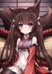  :&lt; absurdres amagi-chan_(azur_lane) animal_ear_fluff animal_ears azur_lane black_thighhighs blush breasts brown_hair closed_mouth commentary_request covered_navel detached_sleeves female fox_ears fox_girl fox_tail highres japanese_clothes kimono kitsune long_hair long_sleeves looking_at_viewer nagato-chan purple_eyes purple_kimono red_sleeves short_eyebrows sitting sleeveless sleeveless_kimono small_breasts solo tail thick_eyebrows thighhighs very_long_hair 