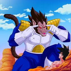  1:1 2021 5_fingers abs anthro armor beaten black_hair blood bodily_fluids clothed clothing cloud desert detailed_background dragon_ball dragon_ball_z duo fangs fingers gloves goku hair handwear hi_res human humor image_comics invincible_(comics) invincible_(tv_series) lying lying_on_ground male mammal meme mikelopez on_back on_ground oozaru open_mouth outside primate red_eyes saiyan signature teeth think_mark_think! vegeta white_clothing white_gloves white_handwear 