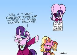  animal_balloon ass balloon big_butt bobthedalek clothing duo english_text equid equine female friendship_is_magic gesture hand_gesture hasbro hi_res horn humor inflatable luster_dawn_(mlp) mammal my_little_pony mythological_creature mythological_equine mythology pointing pointing_at_self shaped_balloon starlight_glimmer_(mlp) text the_simpsons unicorn 