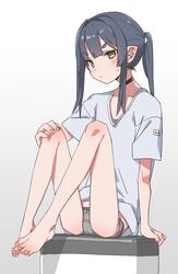  akari_(raigou) bare_legs barefoot black_choker black_hair blue_shirt choker closed_mouth feet female gradient_background grey_background grey_panties hand_on_own_knee highres knees_up light_frown long_hair looking_at_viewer original panties pointy_ears ponytail raigou shirt short_sleeves sidelocks sitting skinny solo sweatdrop t-shirt toes underwear yellow_eyes 