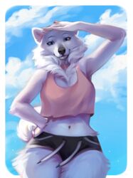  2022 absurd_res alpha_channel anthro black_hotpants black_nose blue_eyes bottomwear breasts canid canine canis clothed clothing cloud cloudy_(disambiguation) cloudy_sky crop_top dannoitanart day detailed_background digital_media_(artwork) domestic_dog eyebrows eyelashes female forest fur grass grey_eyebrows hand_on_head hi_res hotpants looking_at_viewer mammal midriff navel nordic_sled_dog outside pink_clothing pink_shirt pink_tank_top pink_topwear plant samoyed shirt shorts sky smile solo spitz standing tank_top topwear tree vilka white_body white_fur 