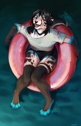  2022 4_toes anthro black_hair blue_eyes breasts cheetah clothed clothing dannoitanart digital_media_(artwork) feet felid feline female fingers hair hi_res kris_(excitedcargoyle) mammal open_mouth smile solo teeth toes tongue 