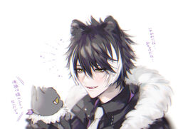  1boy animal animal_ears azmpty bad_id bad_twitter_id black_coat black_gloves black_hair black_shirt blush coat fangs fur-trimmed_coat fur_trim gloves grey_cat hair_ribbon holding holding_animal holostars jackal_boy jackal_ears kageyama_shien looking_at_animal male_focus multicolored_hair necktie nekoyama_shien open_mouth pale_skin ribbon shirt short_hair simple_background smile streaked_hair translation_request virtual_youtuber white_background white_hair white_necktie yellow_eyes 