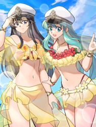  2girls :d absurdres ayra_(fire_emblem) beach betabetamaru bikini black_eyes black_hair commentary_request eirika_(fire_emblem) eirika_(summer)_(fire_emblem) fire_emblem fire_emblem:_genealogy_of_the_holy_war fire_emblem:_the_sacred_stones fire_emblem_heroes frilled_bikini frills highres looking_at_viewer multiple_girls off-shoulder_bikini off_shoulder official_alternate_costume outdoors red_bikini sarong smile swimsuit two-tone_bikini water yellow_bikini 