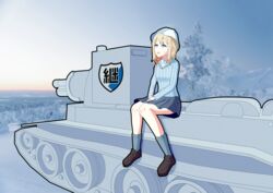  absurdres bad_id bad_pixiv_id blonde_hair blue_eyes breasts bt-42 caterpillar_tracks commentary_request country_connection emblem evening female forest gilijim girls&#039;_frontline girls_und_panzer hat highres keizoku_(emblem) keizoku_school_uniform military military_vehicle motor_vehicle nature school_uniform sitting sky smile snow solo suomi_(girls&#039;_frontline) tank tree 