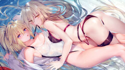  2girls afloat ahoge ass back bare_shoulders belt bikini black_bikini blonde_hair blue_eyes blush breasts choker cleavage closed_mouth collarbone competition_swimsuit covered_navel fate/grand_order fate_(series) grey_hair hair_between_eyes highleg highres jeanne_d&#039;arc_(fate) jeanne_d&#039;arc_(swimsuit_archer)_(fate) jeanne_d&#039;arc_(swimsuit_archer)_(second_ascension)_(fate) jeanne_d&#039;arc_alter_(fate) jeanne_d&#039;arc_alter_(swimsuit_berserker)_(fate) large_breasts long_hair looking_at_viewer mouth_hold multiple_girls obiwan one-piece_swimsuit open_mouth ponytail strap_pull swimsuit thigh_strap thighs very_long_hair water wet white_one-piece_swimsuit yellow_eyes yuri 