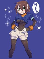  aile_(mega_man_zx) black_bodysuit blue_background blue_jacket blush bodysuit bodysuit_under_clothes breasts brown_hair cowboy_shot cropped_jacket green_eyes hands_on_own_hips highres jacket koshianpancake medium_breasts mega_man_(series) mega_man_zx robot_ears short_hair shorts simple_background speech_bubble white_shorts 