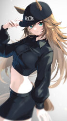  animal_ears arm_up baseball_cap black_hat black_shirt black_skirt blue_eyes boc&#039;z_(umamusume) breasts brown_hair collared_shirt commentary_request crop_top dress_shirt ears_through_headwear female grey_background hair_between_eyes hair_ornament hairclip hand_on_headwear hat highres horse_ears horse_girl horse_tail long_hair long_sleeves meyamu midriff mr._c.b._(boc&#039;z)_(umamusume) mr._c.b._(umamusume) puffy_long_sleeves puffy_sleeves shirt skirt small_breasts solo tail umamusume very_long_hair 