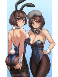  2girls absurdres animal_ears ass beret black_bow black_bowtie black_hair black_leotard black_pantyhose blue_eyes bow bowtie breasts chance8000 cleavage detached_collar fake_animal_ears grey_hat hat highres large_breasts leotard multiple_girls original pantyhose playboy_bunny rabbit_ears rabbit_tail red_hair short_hair standing strapless strapless_leotard tail two-tone_background wrist_cuffs 