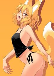  absurdres animal_ears black_panties blonde_hair blush breasts chinese_clothes commentary_request cowboy_shot dudou female fox_ears fox_girl fox_tail fuuzasa hair_between_eyes highres kudamaki_tsukasa long_bangs looking_at_viewer oerba_yun_fang open_mouth orange_background panties short_hair side-tie_panties simple_background small_breasts smile solo tail touhou underwear yellow_eyes 