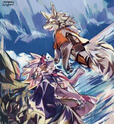  2024 anthro bael_(tas) canid canine canis clothing demon duo eye_contact jackal lifewonders looking_at_another male mammal markings necktie outside partially_submerged petadodu seth_(tas) signature smile standing tokyo_afterschool_summoners underwear 