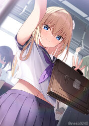  1boy 2girls bag blonde_hair blue_eyes blue_sailor_collar blush holding long_sleeves looking_at_viewer midriff_peek multiple_girls navel neckerchief necktie nekokobushi original purple_neckerchief purple_skirt sailor_collar school_uniform serafuku shirt short_sleeves side_ponytail skirt smile solo_focus train_interior white_shirt 