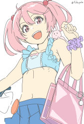  absurdres animal_on_shoulder badge bag bikini blue_bikini blue_skirt female frilled_bikini frills from_below fubupula hair_bobbles hair_ornament highres kantai_collection looking_at_viewer one-hour_drawing_challenge open_mouth pink_eyes pink_hair pleated_skirt purple_scrunchie rabbit_on_shoulder sazanami_(kancolle) sazanami_(swimsuit_mode)_(kancolle) scrunchie short_hair simple_background skirt smile swimsuit teeth twintails twitter_username upper_teeth_only white_background wrist_scrunchie 