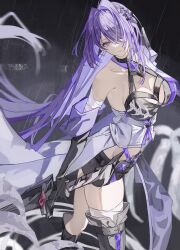  absurdres acheron_(honkai:_star_rail) bandaged_leg bandages black_shorts breasts cleavage female hair_over_one_eye highres holding holding_sword holding_weapon honkai:_star_rail honkai_(series) katana large_breasts long_hair looking_at_viewer midriff purple_eyes purple_hair ren_(renjiyu) short_shorts shorts single_bare_shoulder solo sword thighs very_long_hair weapon 