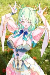  antlers blush braid braided_bangs branch breasts ceres_fauna ceres_fauna_(1st_costume) cleavage double_fox_shadow_puppet female flower fox_shadow_puppet green_hair gurumie hair_branch hair_flower hair_ornament highres hololive hololive_english horns huge_breasts japanese_clothes jewelry long_hair looking_at_viewer mole mole_under_eye multicolored_hair outdoors planet_hair_ornament solo tree_horns virtual_youtuber yellow_eyes 