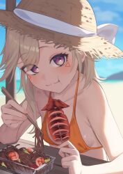  beach bikini blush bow breasts chopsticks eating eyes_visible_through_hair female food fried_squid grey_hair hat hat_bow highres holding holding_chopsticks komito_(komito5310) komori_met long_hair looking_at_viewer orange_bikini pink_nails purple_eyes sideboob small_breasts smile solo straw_hat sweat swimsuit triangle_facial_mark upper_body virtual_youtuber vspo! white_bow 