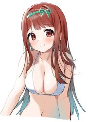  absurdres bare_arms bare_shoulders bikini blush breasts brown_eyes brown_hair chobi_(penguin_paradise) cleavage closed_mouth collarbone commentary cropped_torso female green_hairband hairband halterneck highres idolmaster idolmaster_million_live! long_hair medium_breasts simple_background smile solo swimsuit tanaka_kotoha upper_body very_long_hair white_background white_bikini 