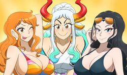  2022 3girls black_hair blue_eyes blush breasts brown_eyes cleavage earrings female female_only hi_res horns kobi-tfs large_breasts long_hair looking_at_viewer nami nico_robin one_piece orange_eyes orange_hair post-timeskip post_timeskip shounen_jump smiling_at_viewer sunglasses sunglasses_on_head tongue_out wano_country white_hair wink yamato_(one_piece) 