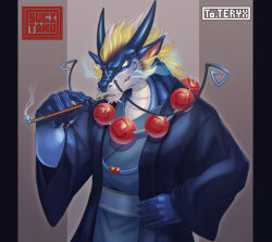  alternate_form anthro athletic beads clothing dragon eastern_dragon hair hi_res invalid_tag male male/male mane mane_hair mythological_creature mythological_scalie mythology pipe prayer_beads rain_dragon robe scalie skeb smoke sugitaku teryx teryx_commodore whiskers 