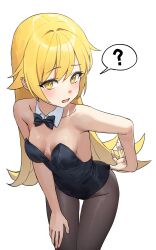  ? absurdres bare_shoulders black_leotard blonde_hair blush bow bowtie breasts covered_navel damcheong detached_collar female highleg highleg_leotard highres leotard long_hair looking_at_viewer medium_breasts monogatari_(series) open_mouth oshino_shinobu pantyhose solo speech_bubble strapless strapless_leotard traditional_bowtie wrist_cuffs yellow_eyes 