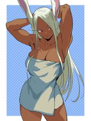  :/ absurdres animal_ear_gloves animal_ears argyle_background armpits arms_behind_head arms_up artist_collaboration blue_background boku_no_hero_academia border breasts cleavage closed_mouth collarbone colorized dark-skinned_female dark_skin english_commentary female highres large_breasts long_eyelashes long_hair mirko naked_towel parallaxfused parted_bangs rabbit_ears rabbit_girl red_eyes second-party_source solo thighs toned_female towel very_long_hair white_background white_border white_hair 