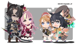  01_(zeroichi_srl) 1boy 3girls :d animal_ear_fluff animal_ears armor atelier_(series) atelier_resleriana black_hair blonde_hair blue_eyes braid breasts cat_ears cat_girl chibi chibi_only cleavage closed_mouth crown dated detached_sleeves dress earrings flying_sweatdrops frown geron_diesel grey_background grey_eyes hair_between_eyes hair_over_one_eye hammer hands_up hat heterochromia holding holding_hammer holding_sword holding_weapon izana_kokoschka jewelry lara_trockel long_hair long_sleeves multicolored_hair multiple_girls oerba_yun_fang open_mouth pink_dress pink_eyes pink_hair pink_hat puff_of_air purple_eyes red_eyes resna_sternenlicht short_hair shoulder_armor smile standing streaked_hair sword thighhighs twitter_username weapon white_thighhighs 