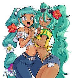  2girls :d :q absurdres aqua_eyes aqua_hair artist_name bare_legs belly_chain belt bikini bikini_under_clothes blunt_bangs blush borrowed_design bottle bracelet braid brazilian_miku collarbone crop_top dark-skinned_female dark_skin denim denim_shorts dual_persona earrings eyewear_on_head floral_print flower gold_earrings hair_flower hair_ornament hatsune_miku hibiscus highres hoezayburger holding holding_hands interlocked_fingers jarritos jeans jewelry long_hair looking_at_viewer mexican_miku_(beffkawa) midriff multi-tied_hair multiple_girls multiple_persona navel no_sclera off-shoulder_shirt off_shoulder open_clothes open_shorts pants print_shirt rectangular_earrings red_flower shirt short_shorts short_sleeves shorts simple_background smile sparkle standing sunglasses swimsuit tan tanlines tongue tongue_out twin_braids very_long_hair vocaloid wavy_hair white_background worldwide_miku 