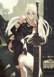  a2_(nier:automata) black_gloves black_shirt breasts elbow_gloves fadingz feet female foot_out_of_frame gloves green_eyes hair_between_eyes highres holding holding_sword holding_weapon joints legs lips long_hair looking_at_viewer medium_breasts mole mole_under_mouth nier:automata nier_(series) no_shoes parted_lips revision robot_joints shirt sitting solo sword toeless_legwear toes weapon white_hair 