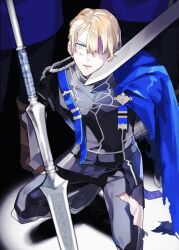  1boy 33_gmk armored_gloves black_pants black_shirt blonde_hair blue_cape blue_eyes boots bound bound_arms brown_footwear bruise bruise_on_face cape closed_mouth commentary dimitri_alexandre_blaiddyd fire_emblem fire_emblem:_three_houses garreg_mach_monastery_uniform hair_over_one_eye highres injury kneeling looking_ahead male_focus one_eye_covered pants people polearm shadow shirt side_cape solo_focus sword sword_to_throat torn_cape torn_clothes torn_pants weapon 