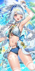  absurdres arm_up armpits bad_id bad_twitter_id bikini blue_bikini blue_hairband blue_sky body_markings breasts collarbone cowboy_shot day female fingerless_gloves fish-shaped_pupils genshin_impact gloves hairband highres kiramarukou large_breasts mualani_(genshin_impact) navel one_eye_closed open_mouth red_eyes shark sky sling_bikini_top solo stomach swimsuit tan water white_gloves white_hair 