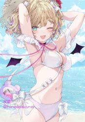  aqua_eyes armpits arms_behind_head artist_name bag beach bikini blonde_hair bow bow_bikini breasts cleavage female hairbow highres hinakisara kurumi_noah looking_at_viewer navel one_eye_closed open_mouth outdoors shoulder_bag smile solo stomach swimsuit teeth twitter_username upper_teeth_only virtual_youtuber vspo! white_bikini white_bow 