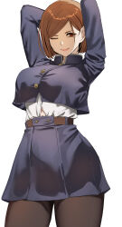  absurdres arms_behind_head arms_up belt blue_jacket blue_skirt blush breasts brown_belt brown_eyes brown_hair brown_pantyhose ekuskarma female high_collar highres jacket jujutsu_kaisen jujutsu_tech_uniform kugisaki_nobara large_breasts long_sleeves looking_at_viewer navel one_eye_closed pantyhose school_uniform shirt short_hair simple_background skirt smile solo white_background white_shirt 